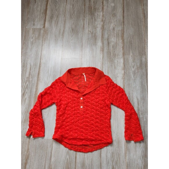 Free People Red Girl Next Door Polo Top Coquette Slim Fit Long Sleeve L Sz S - Picture 2 of 9
